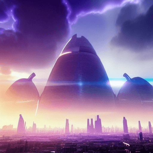 A futuristic city on a distant planet with purple sun on a cloudy day, light streaking through the clouds. Ultra realistic