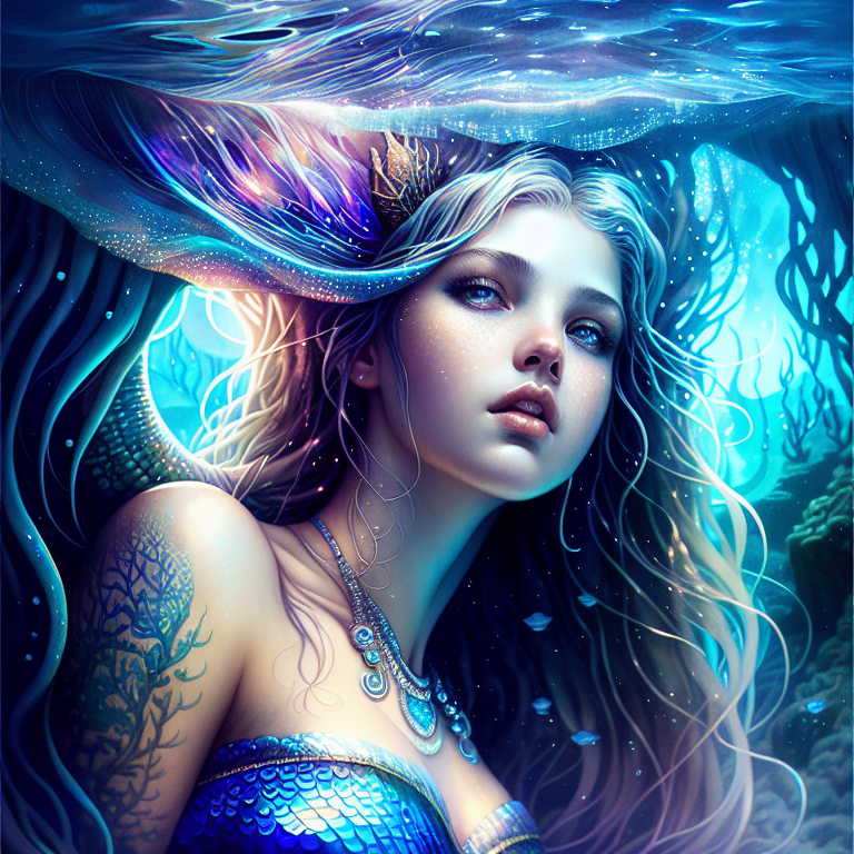 Mermaid looking up from the bottom of the ocean at the water surface from below the seaweed, dark lighting, finely detailed background, highly detailed face, Anna Dittmann, Zack Snyde