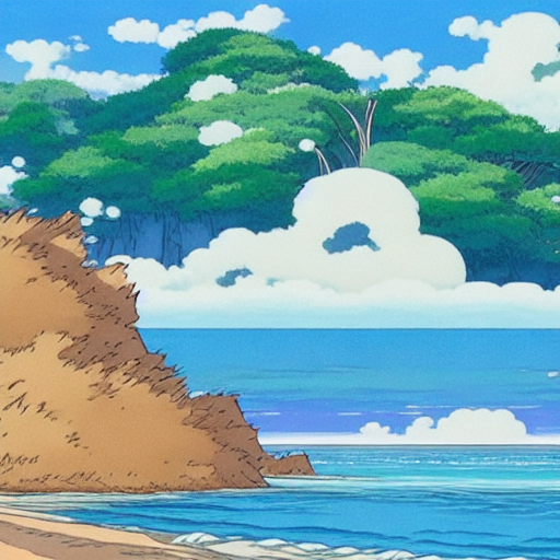 A beautiful scene of an island in the ocean studio ghibli