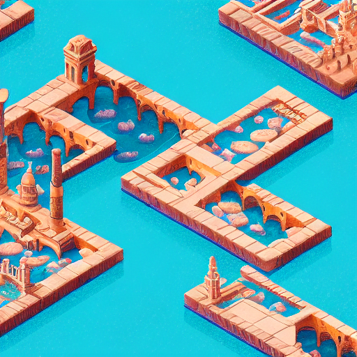 Isometric Atlantis city,great architecture with columns, great details, ornaments,seaweed, blue ambiance, 3D cartoon style, soft light, 45° view