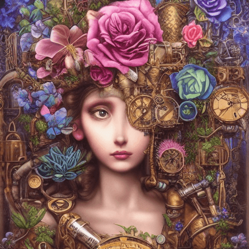 Very female, in the style of steampunk over by plants, fantasy, with flowers, hyperrealism, sophisticated, vibrant surrealism art