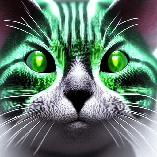 A green cat with radioactive glow in its eyes in the style of an etch