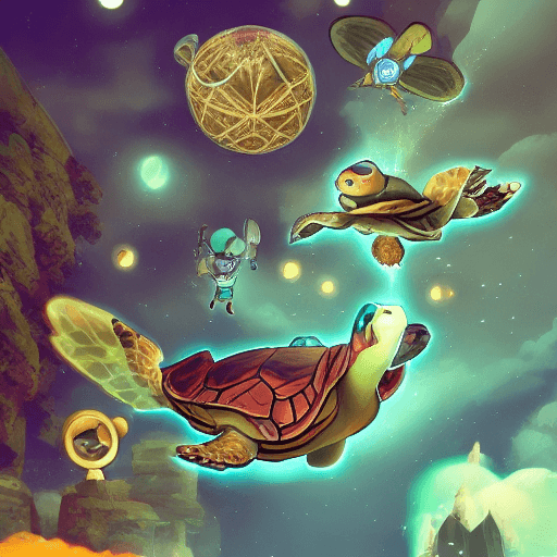 arcane style flying turtle in a steampunk universe with stars and moons