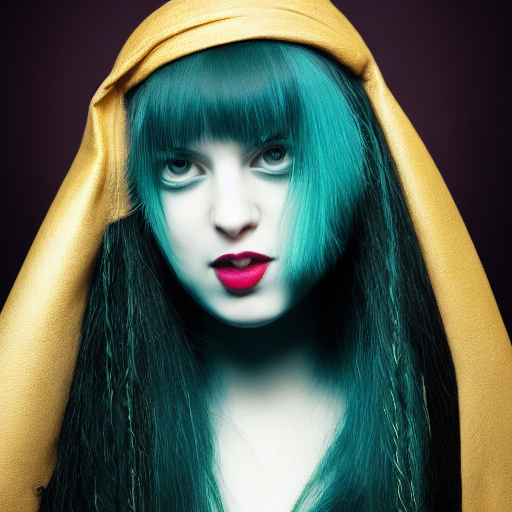 A vibrant professional studio portrait photography of a young, pale, goth, attractive, piercing green eyes, wears a gold ankh necklace, photoshopped